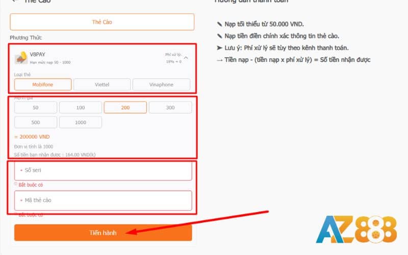 Điền đầy đủ thông tin mã thẻ cào và tiến hành giao dịch